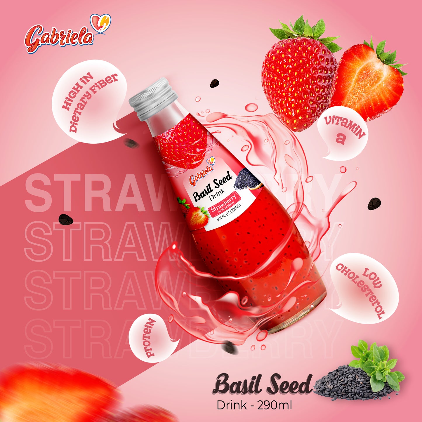 Item No.50310 GABRIELA BASIL SEED DRINK STRAWBERRY 24/9.8oz + CRV